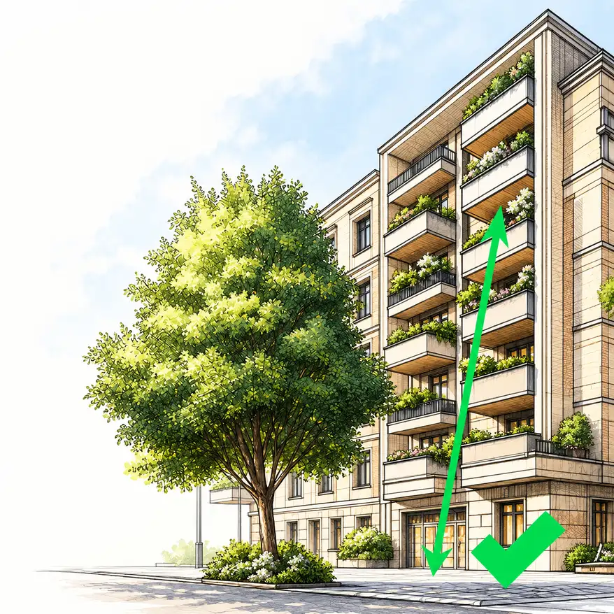 Illustration: Möbellift kann ungehindert zum Balkon eines Mehrfamilienhauses geführt werden