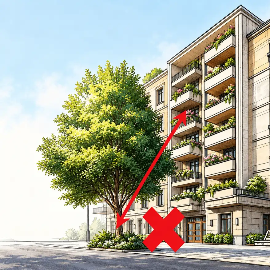 Illustration: Ein Baum blockiert den Weg des Möbellifts zum Balkon